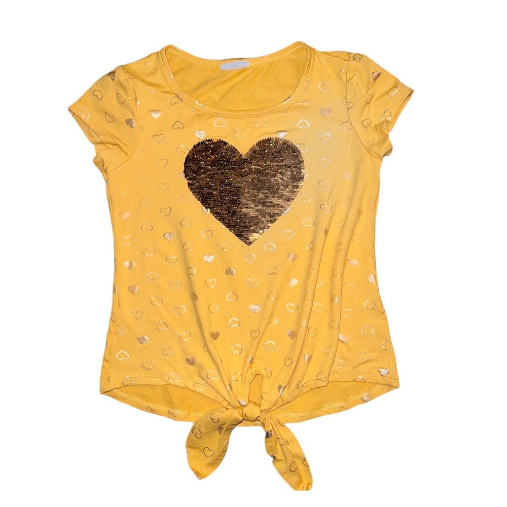 Yellow Shirt With a big sequin heart and hearts all over